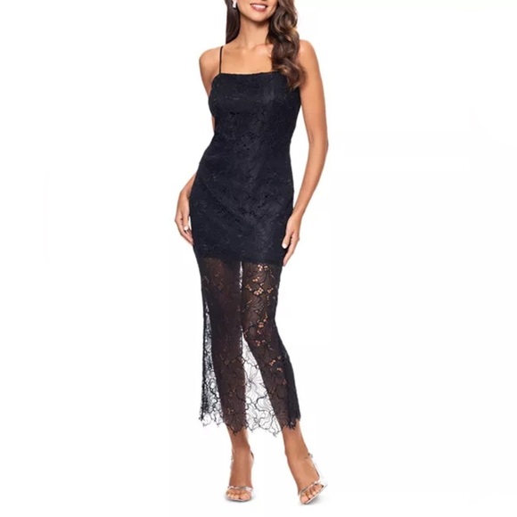 Betsy & Adam Dresses & Skirts - Betsy & Adam Black Sleeveless Lace Overlay Sheer Hem Midi Dress Size 4